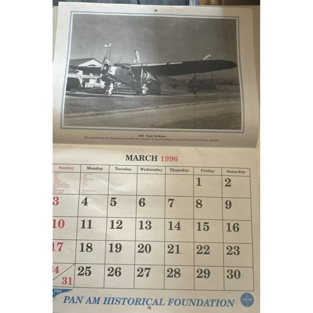 Vintage Pan Am Airlines 1996 Wall Calendar “The Early Years” Historical Map